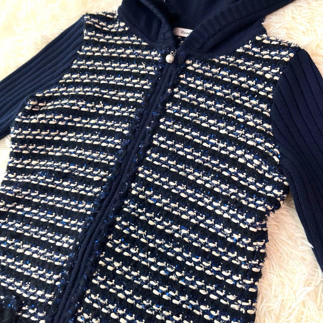 【美品】Rene ツイードニットフーデットロングカーディガン ドッキング ファー