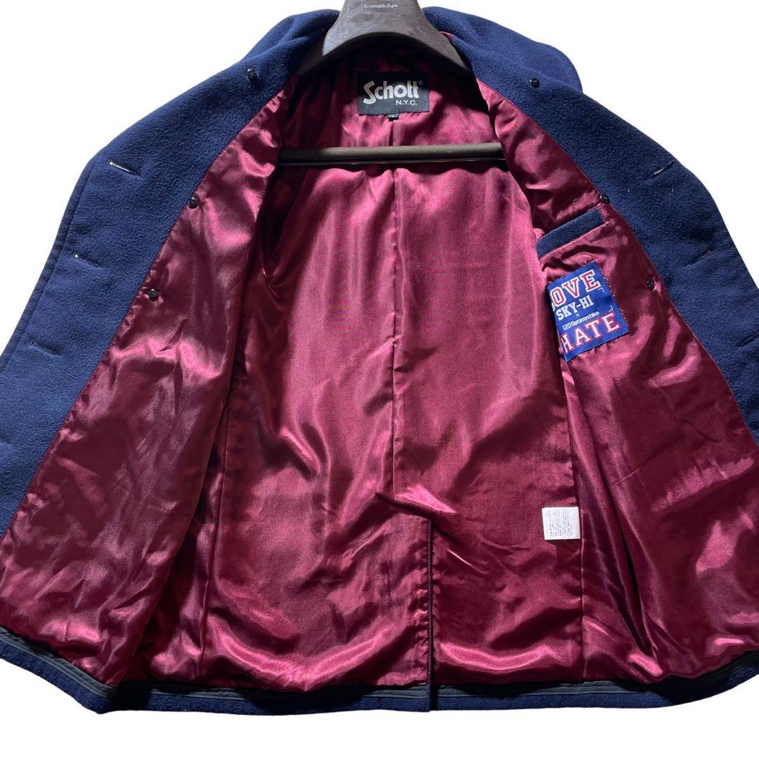 美品■schott ピーコート　ネイビー　裏地赤　L USA製