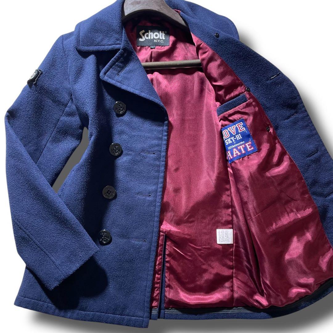 美品■schott ピーコート　ネイビー　裏地赤　L USA製