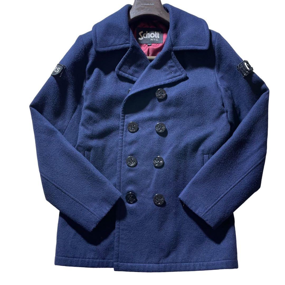 美品■schott ピーコート　ネイビー　裏地赤　L USA製