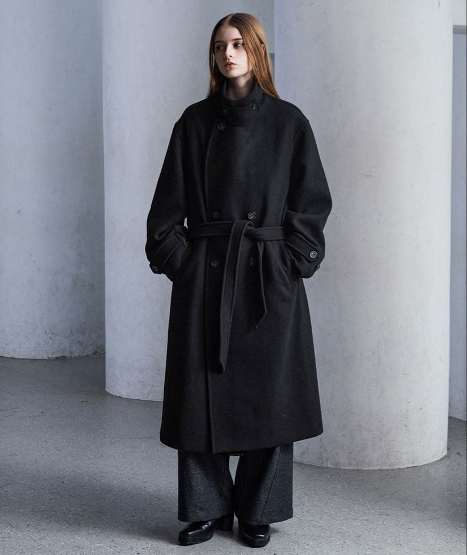 完売品【CLEL】ウールブレンドテックメルトンダブルチェスターコート　ブラックM