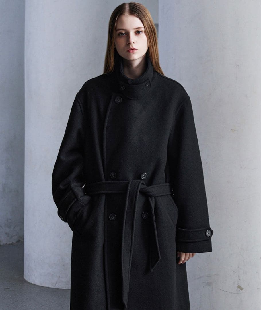 完売品【CLEL】ウールブレンドテックメルトンダブルチェスターコート　ブラックM