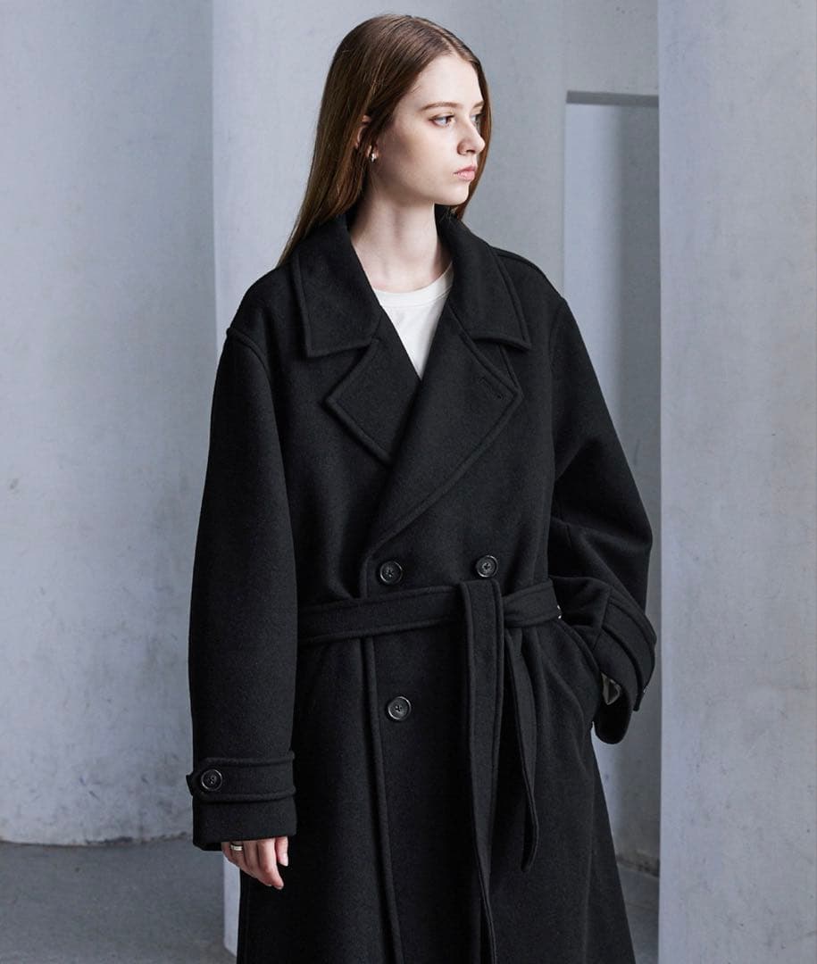 完売品【CLEL】ウールブレンドテックメルトンダブルチェスターコート　ブラックM