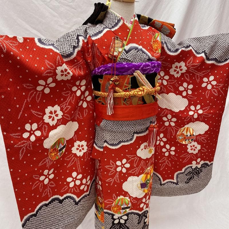 503ag4◎七五三 七歳 女児 総絞り風 銀駒刺繍 着物&袋帯&長襦袢◎