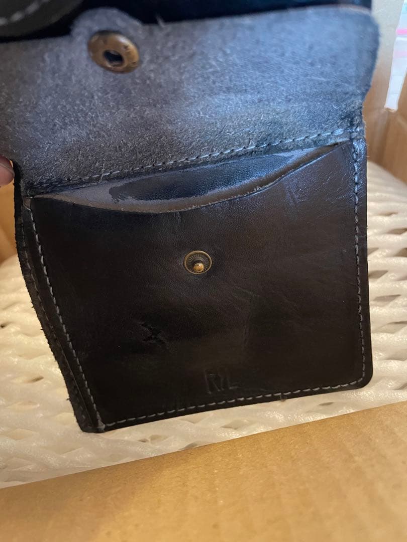 RRL 黒レザー二つ折り財布 金色コンチョボタン　ダブルアールエル