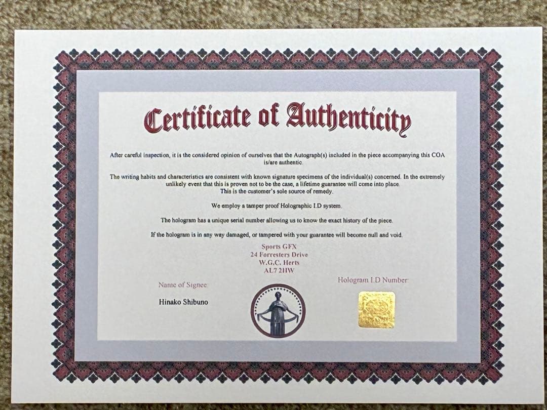 SALE！新品未使用！渋野日向子　　直筆サイン入フォト保証書付　全英女子オープン