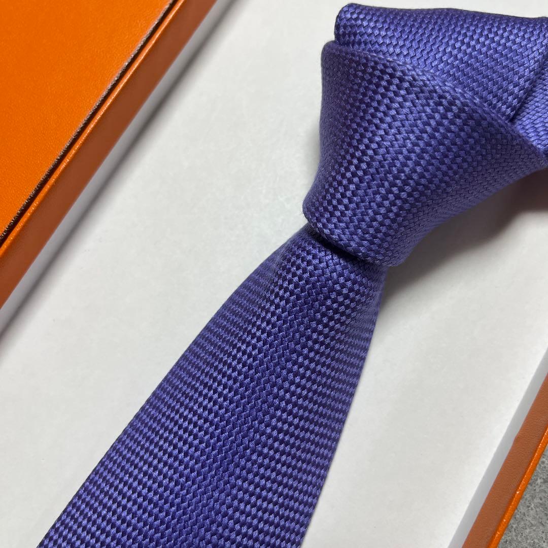 美品　エルメス　ネクタイ　インクブルー青紫　無地　シルク　結婚式