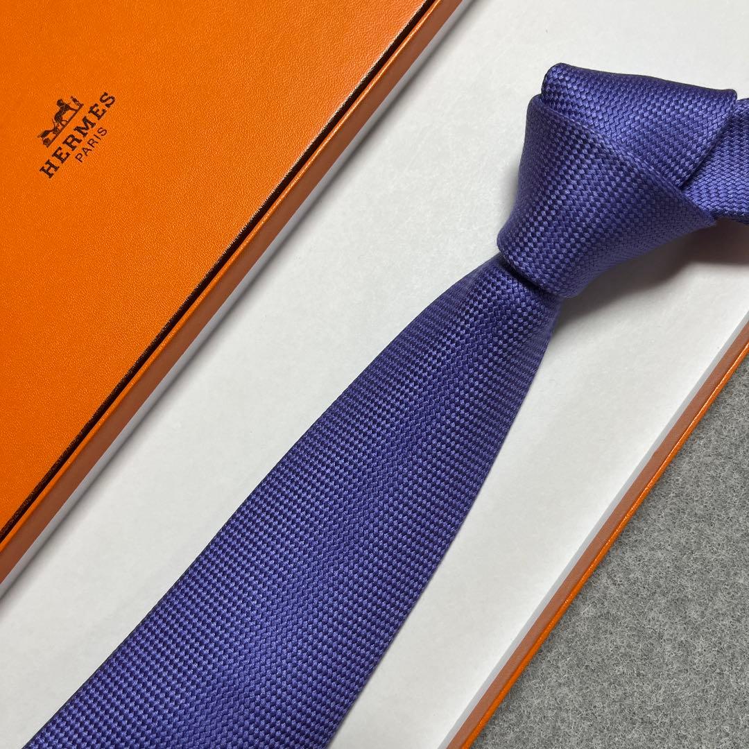美品　エルメス　ネクタイ　インクブルー青紫　無地　シルク　結婚式