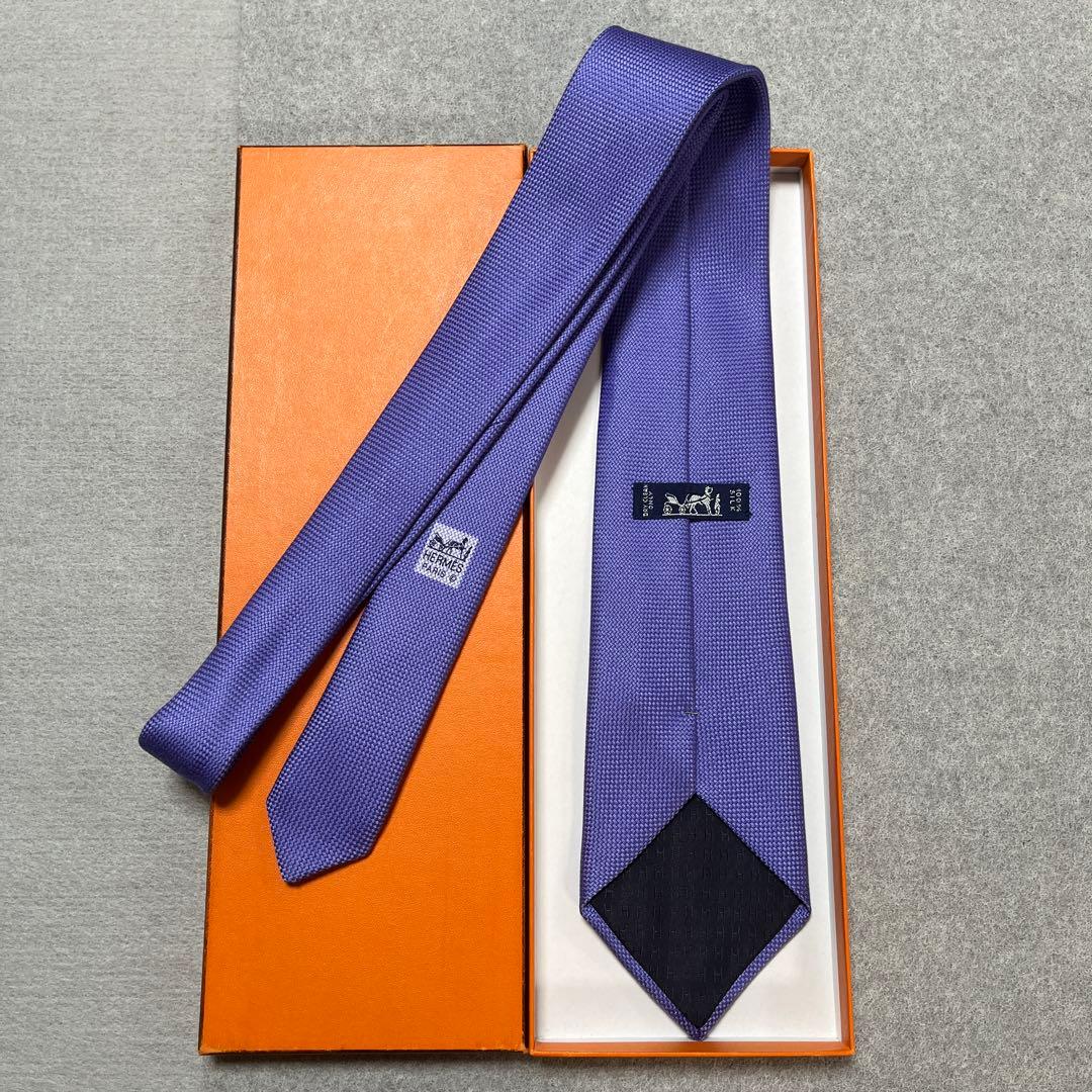 美品　エルメス　ネクタイ　インクブルー青紫　無地　シルク　結婚式