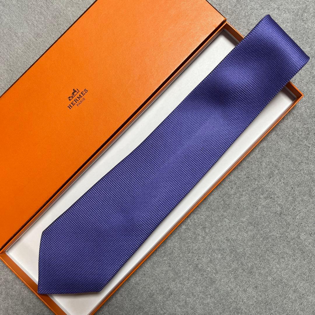 美品　エルメス　ネクタイ　インクブルー青紫　無地　シルク　結婚式