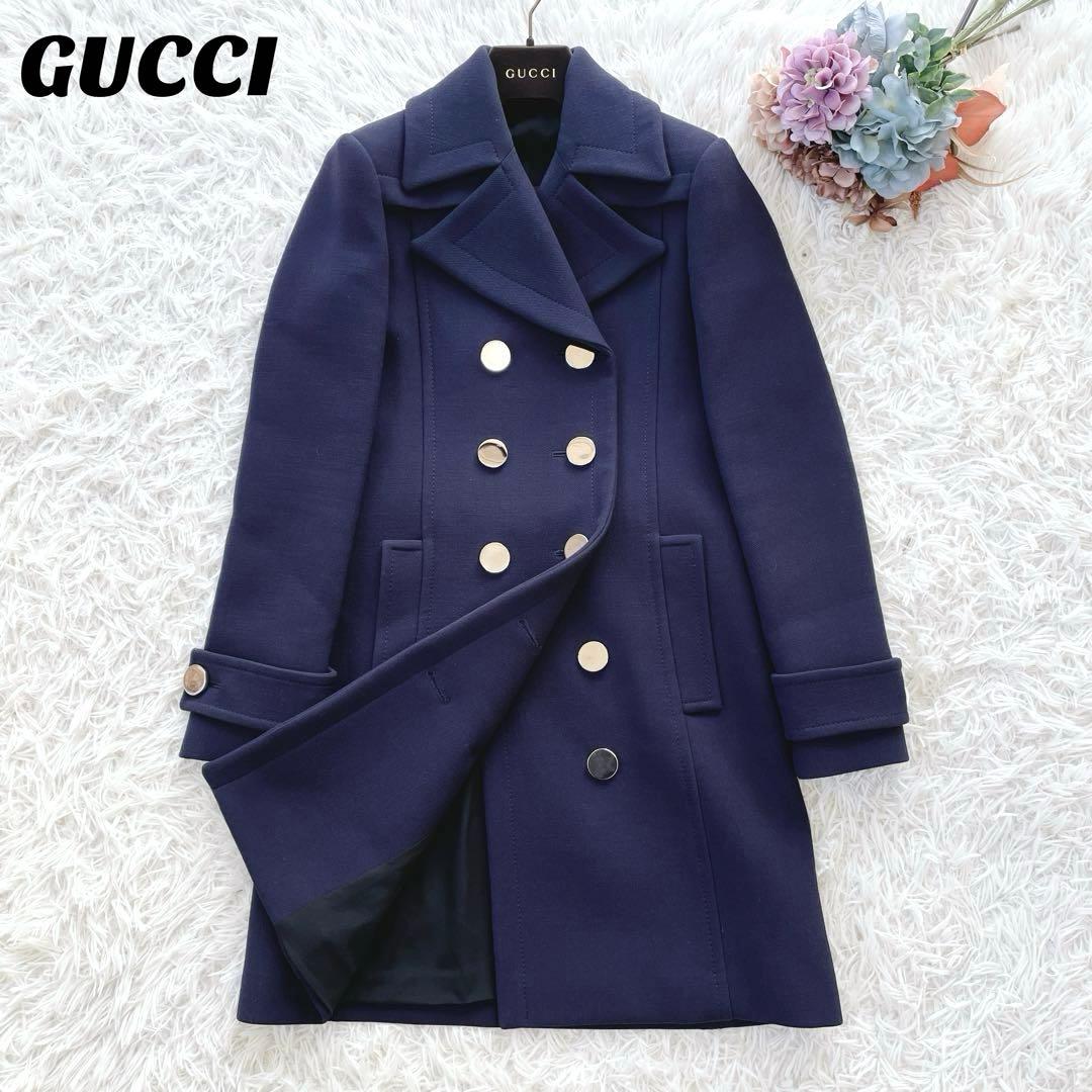 極美品 GUCCI グッチ チェスターコート シルバー ボタン ウール シルク