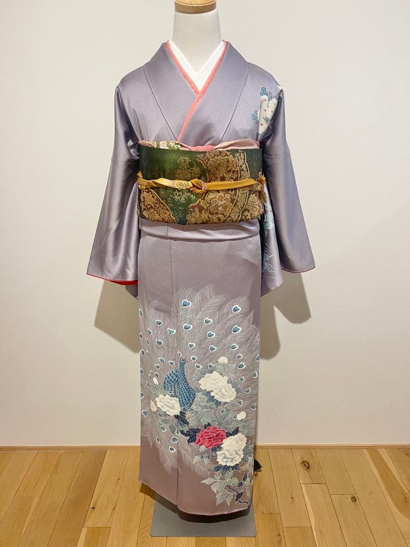 Y*G様 訪問着　訪問着フルセット　ラベンダーグレー　孔雀と牡丹　袋帯