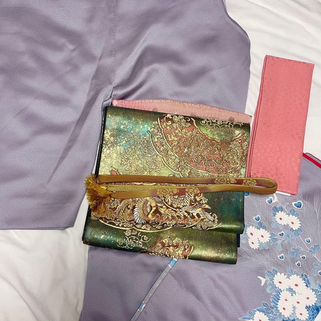 Y*G様 訪問着　訪問着フルセット　ラベンダーグレー　孔雀と牡丹　袋帯