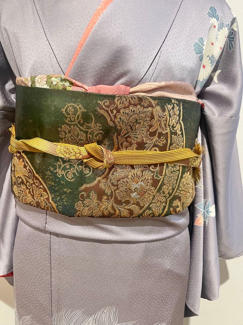 Y*G様 訪問着　訪問着フルセット　ラベンダーグレー　孔雀と牡丹　袋帯