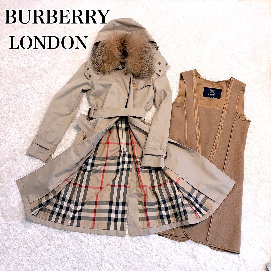 美品✨貴重4way 襟裏メガチェック バーバリーロンドン フォックスファー 36