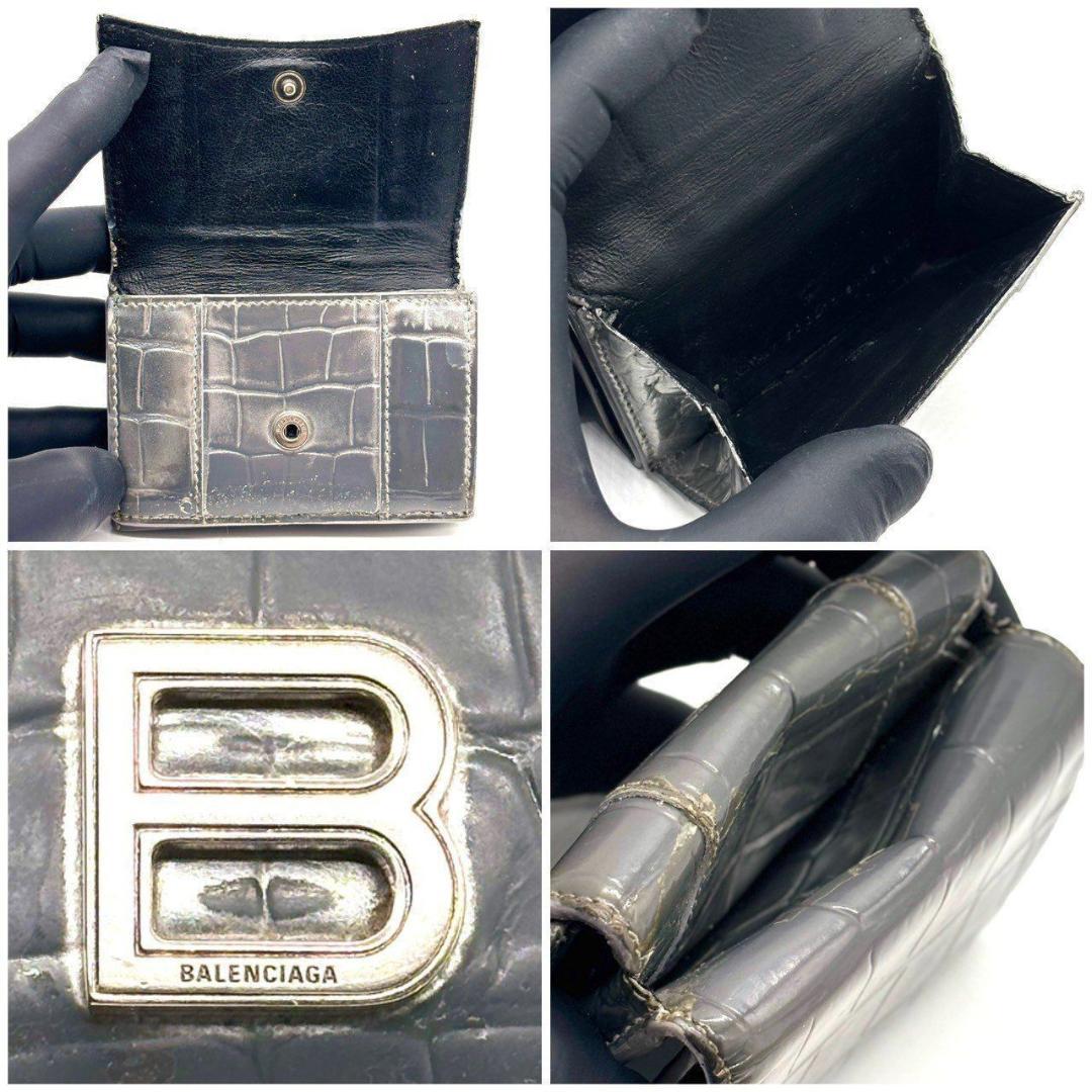 ト*ド様 バレンシアガ　三つ折財布 アワーグラス クロコ型押し Bロゴ レザー