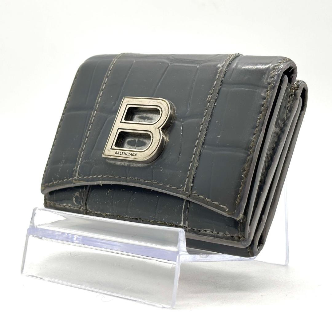 ト*ド様 バレンシアガ　三つ折財布 アワーグラス クロコ型押し Bロゴ レザー