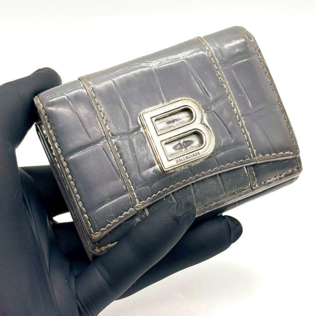 ト*ド様 バレンシアガ　三つ折財布 アワーグラス クロコ型押し Bロゴ レザー