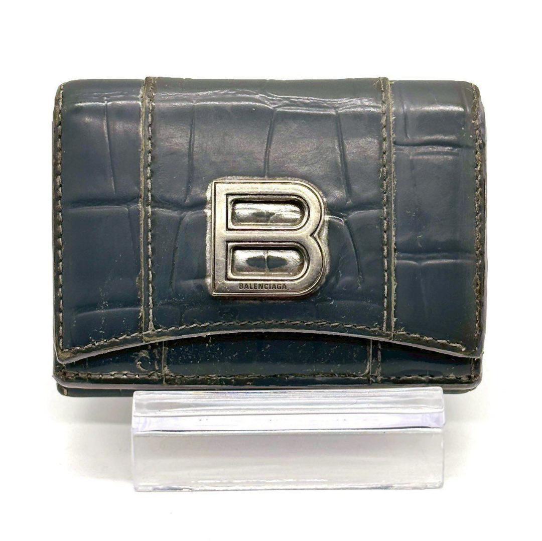 ト*ド様 バレンシアガ　三つ折財布 アワーグラス クロコ型押し Bロゴ レザー