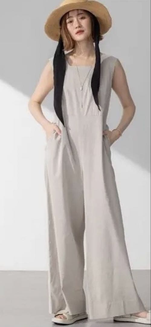 23区リネンレーヨンストレッチ スクエアネックオールインワン　ベージュ