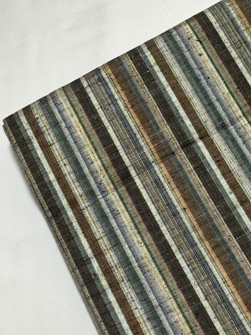 [美品] 紬織　袋帯　正絹　縞　洒落帯　カジュアル　小紋　紬　無地　街着　灰色