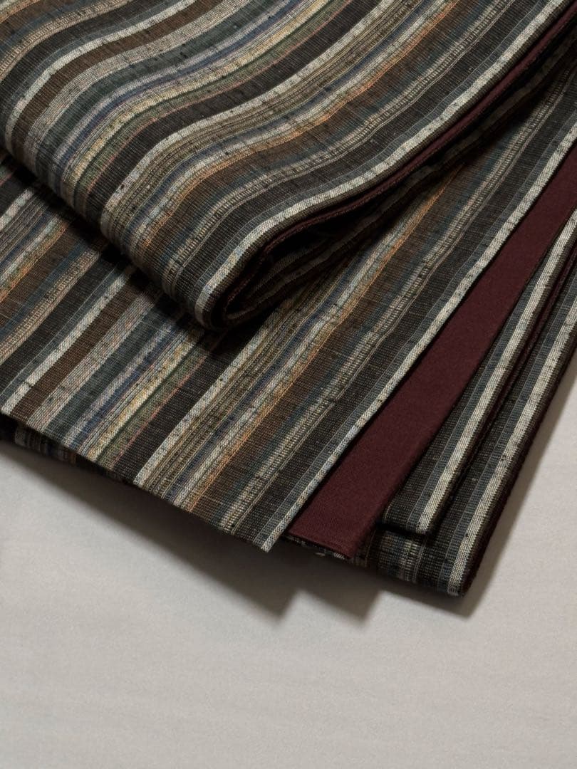 [美品] 紬織　袋帯　正絹　縞　洒落帯　カジュアル　小紋　紬　無地　街着　灰色