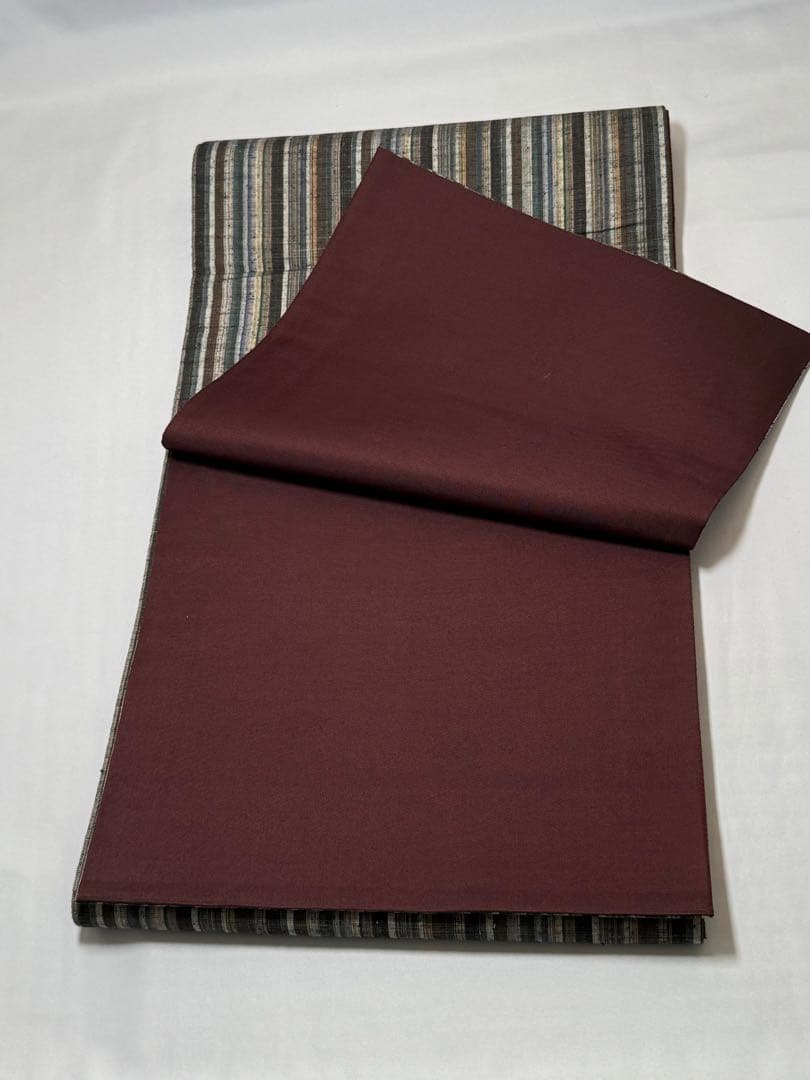 [美品] 紬織　袋帯　正絹　縞　洒落帯　カジュアル　小紋　紬　無地　街着　灰色