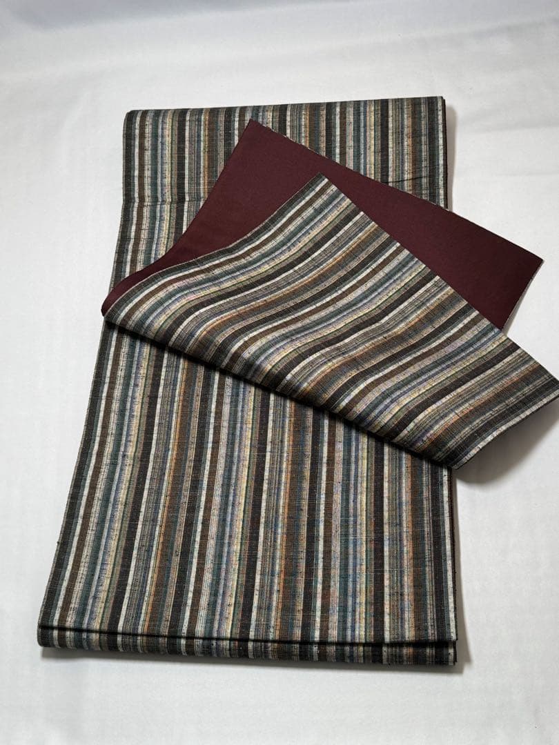 [美品] 紬織　袋帯　正絹　縞　洒落帯　カジュアル　小紋　紬　無地　街着　灰色