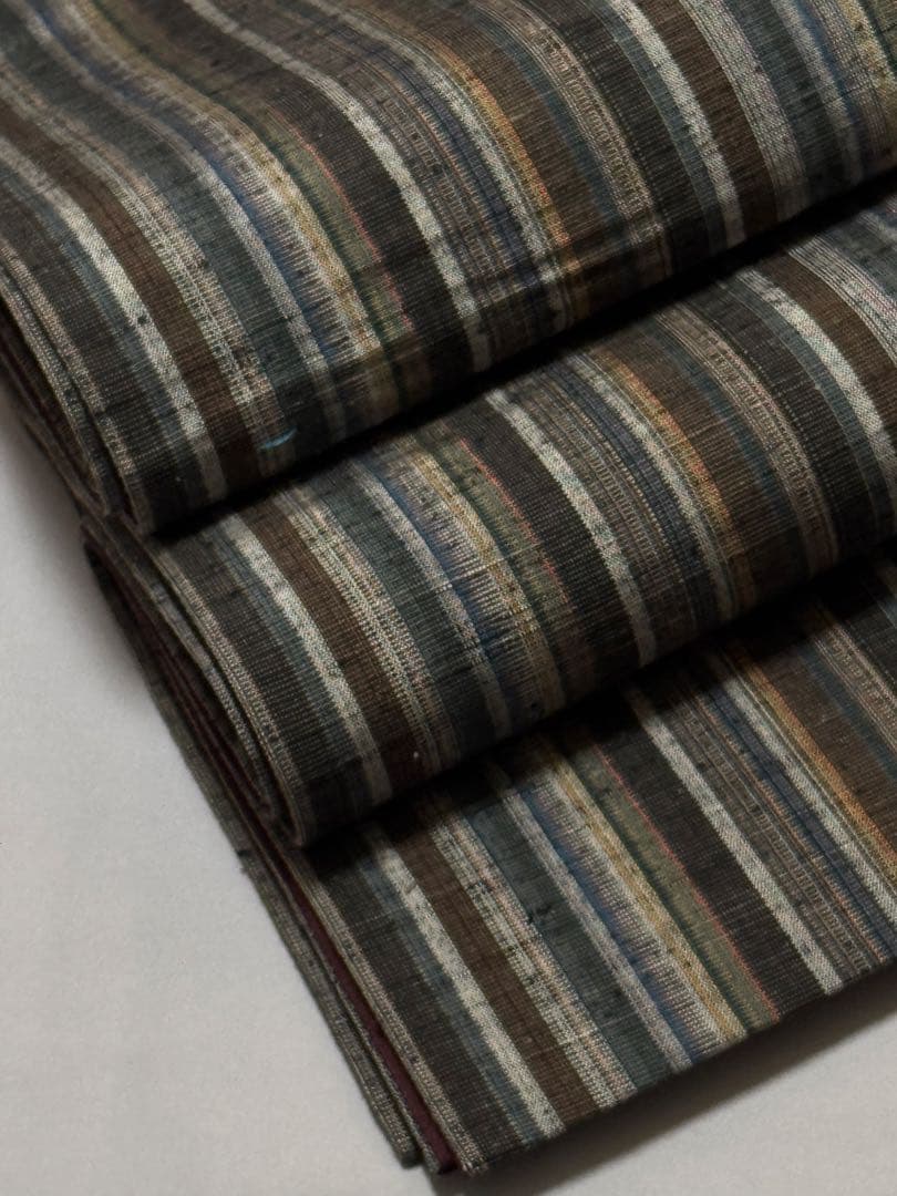 [美品] 紬織　袋帯　正絹　縞　洒落帯　カジュアル　小紋　紬　無地　街着　灰色