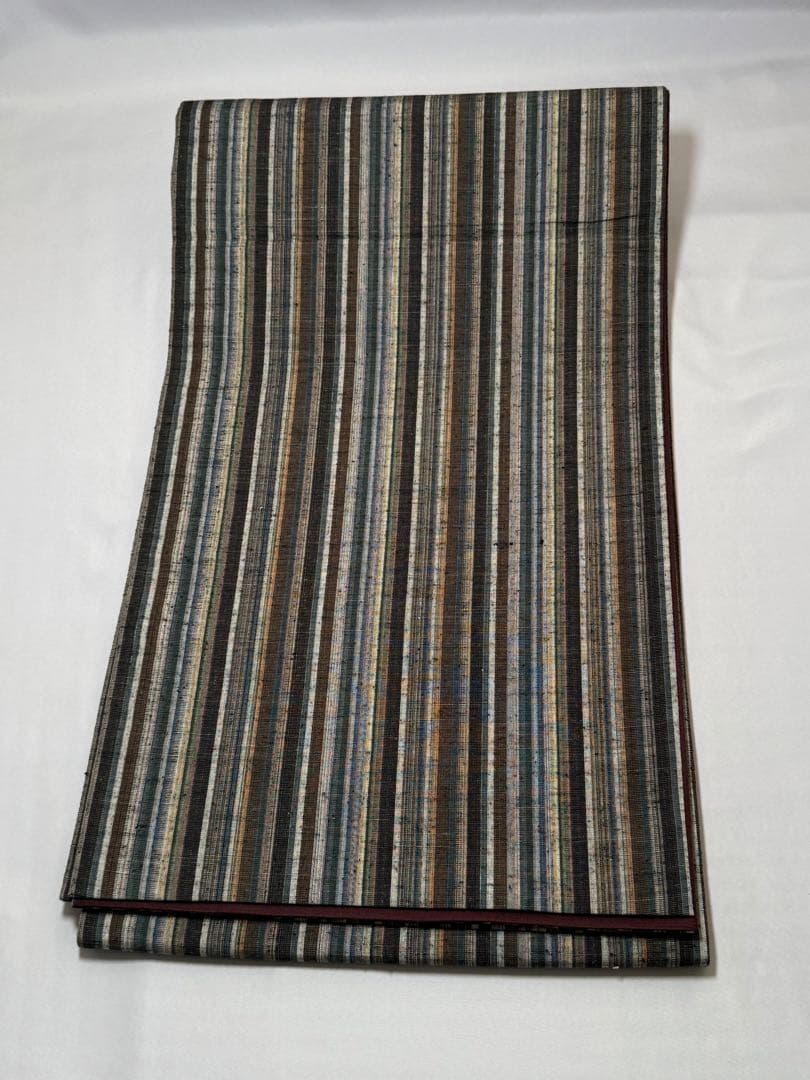 [美品] 紬織　袋帯　正絹　縞　洒落帯　カジュアル　小紋　紬　無地　街着　灰色