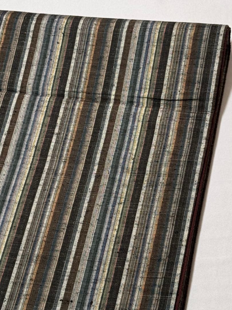 [美品] 紬織　袋帯　正絹　縞　洒落帯　カジュアル　小紋　紬　無地　街着　灰色