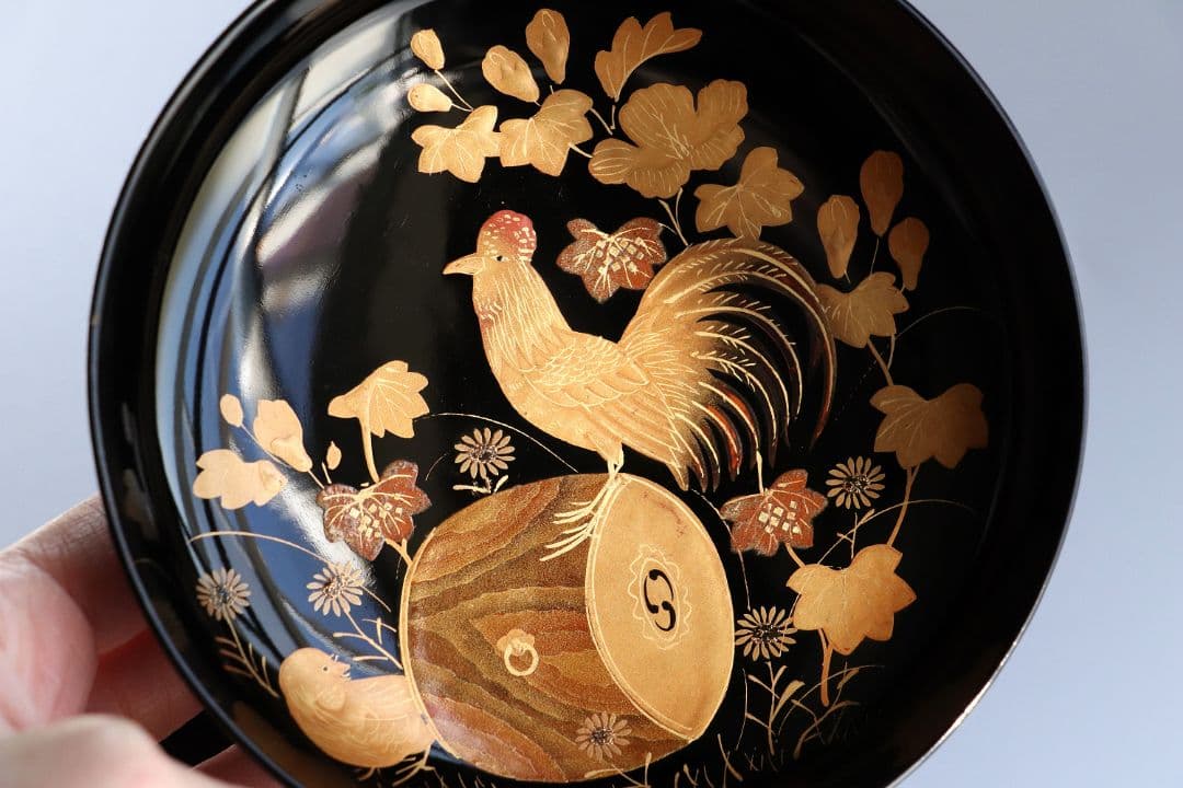 CL31 輪島塗 諫鼓鶏金蒔絵 黒塗椀 二客 木製漆器 鶏 太鼓 草花 梨地