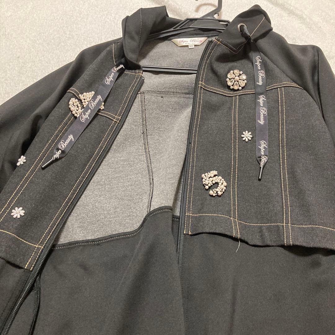 Super Beauty スーパービューティ　フード付きロングコート　ビジューL