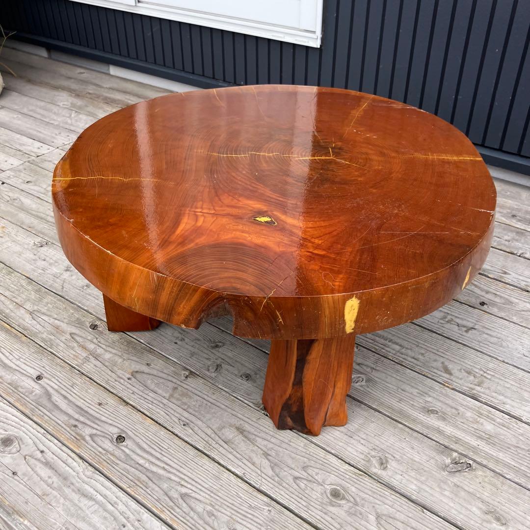 昭和レトロ 木製 天然木 欅材 一枚板 脚付き 円形座卓 センターテーブル
