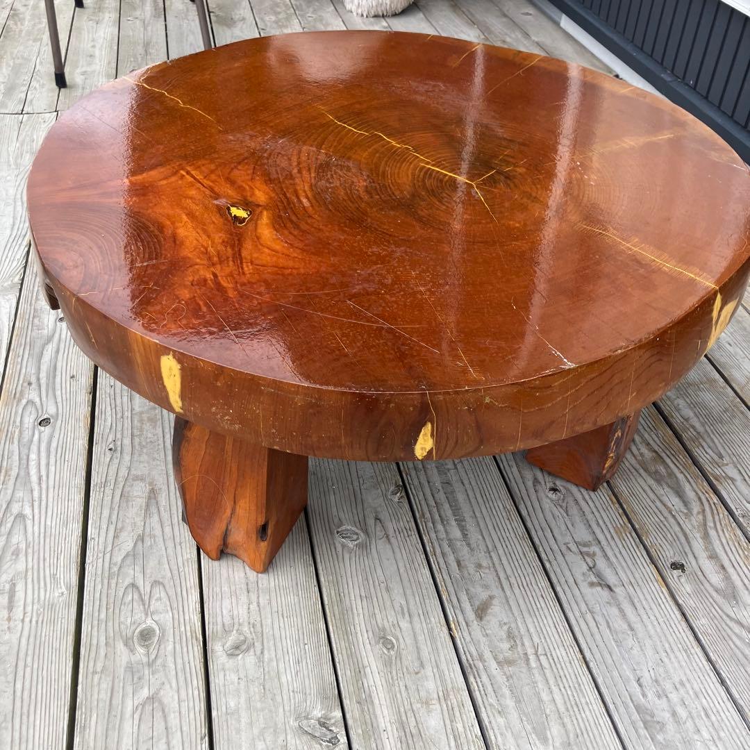 昭和レトロ 木製 天然木 欅材 一枚板 脚付き 円形座卓 センターテーブル