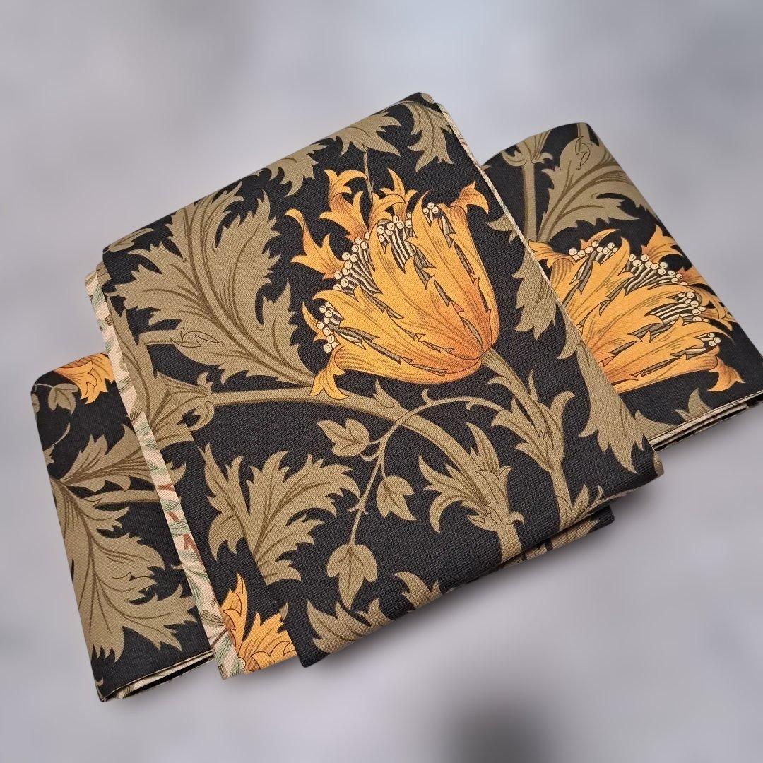 半幅帯　長尺　ウィリアムモリス　アネモネ　オレンジ×ウィローボゥ　リバーシブル