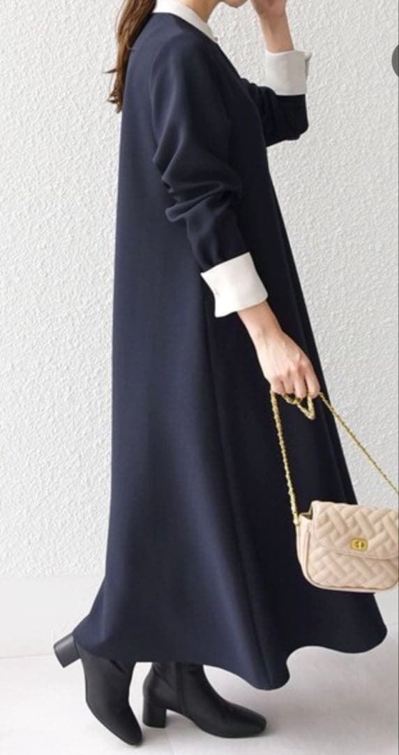 SHIPS any ダブルクロス Aライン シャツワンピース　ネイビー