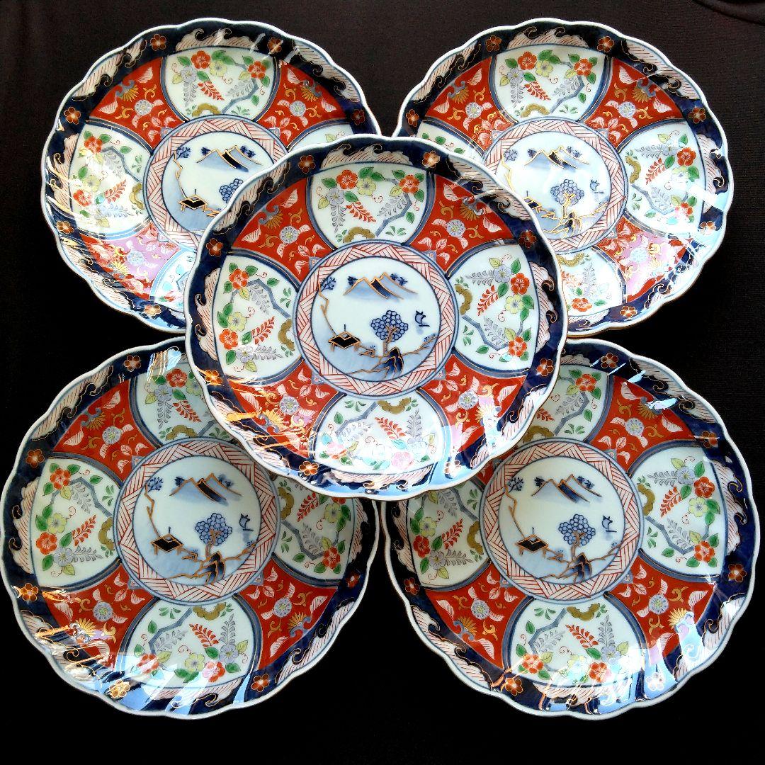 古伊万里 瀬兵窯 絢爛豪華 色絵 菊割 Ф20.2㎝ 銘々皿 5客揃 中皿 真作