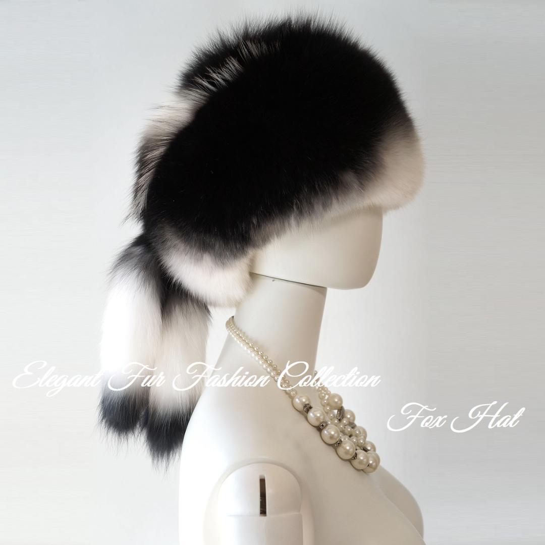 パリジェンヌのような優雅な帽子リアルフォックスファーハット白×黒新品本物毛皮帽子