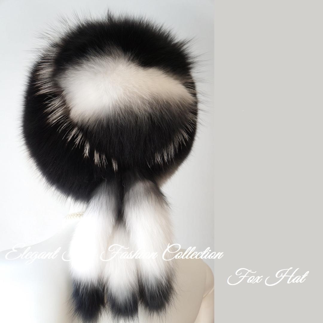 パリジェンヌのような優雅な帽子リアルフォックスファーハット白×黒新品本物毛皮帽子