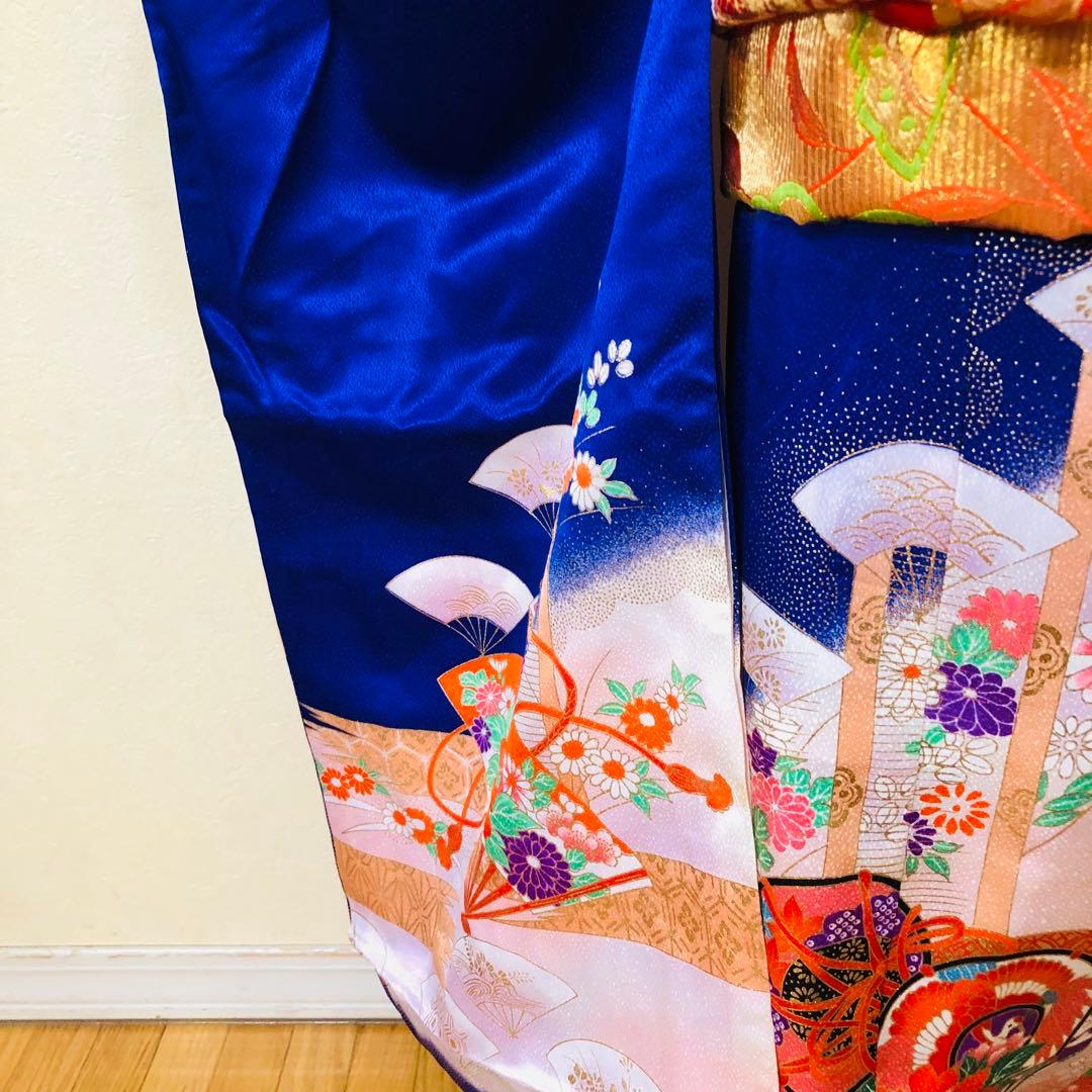 七五三7歳❣️人気Blue暈し古典柄❣️扇熨斗花々金彩煌びやか際立つ完全フルセット❣️