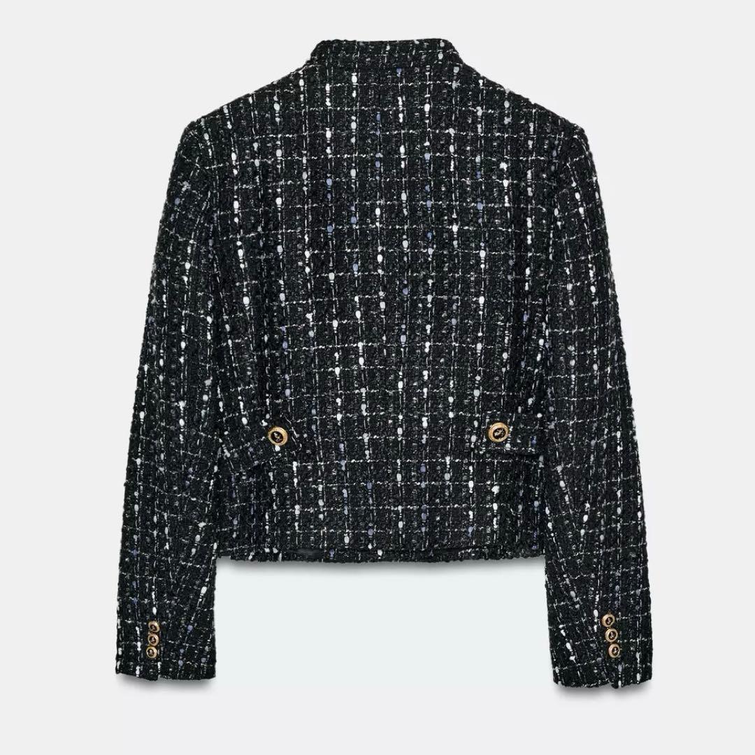 ZARA ツイード　メタリック糸入りノーカラージャケット
