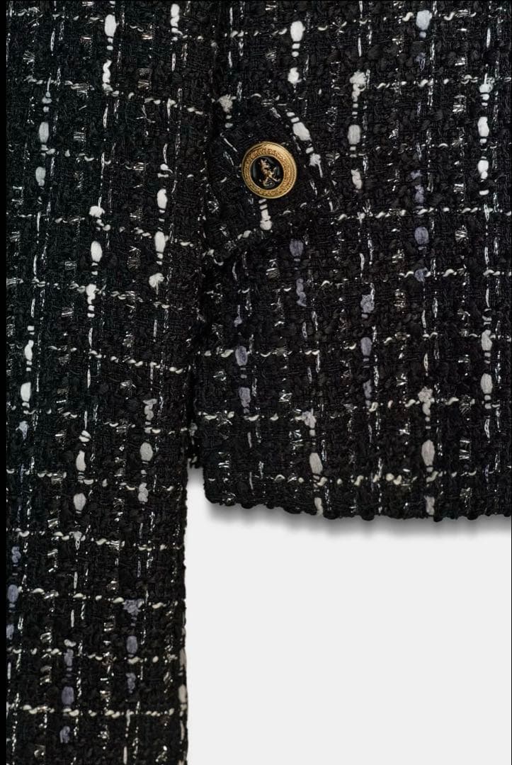ZARA ツイード　メタリック糸入りノーカラージャケット