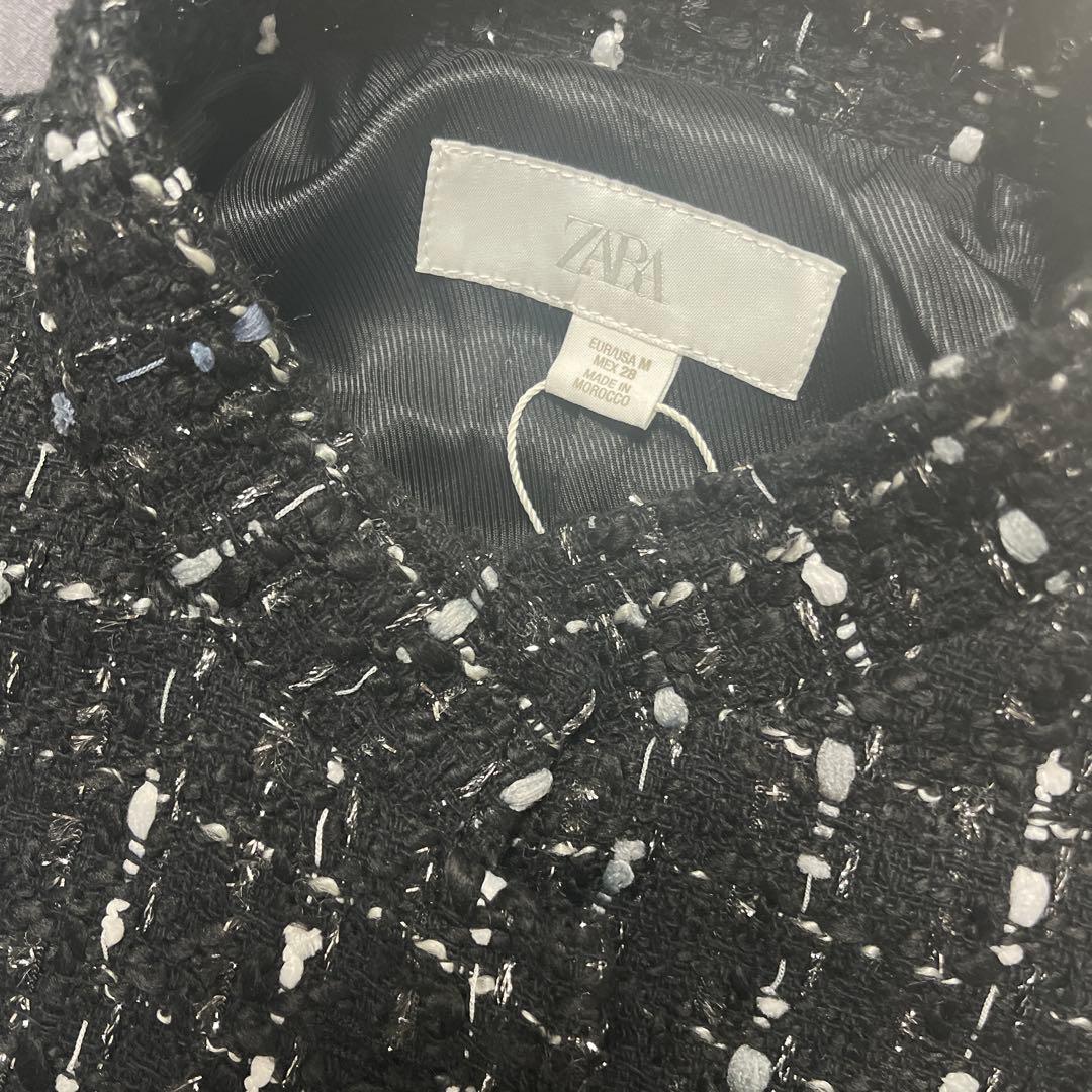 ZARA ツイード　メタリック糸入りノーカラージャケット