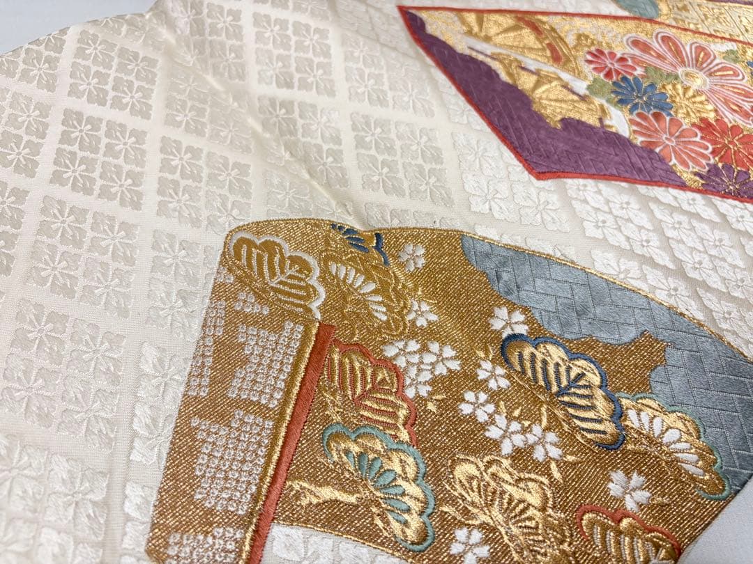 B5 花菱の地模様に花々 金糸 白地 正絹 六通 袋帯 フォーマル O39