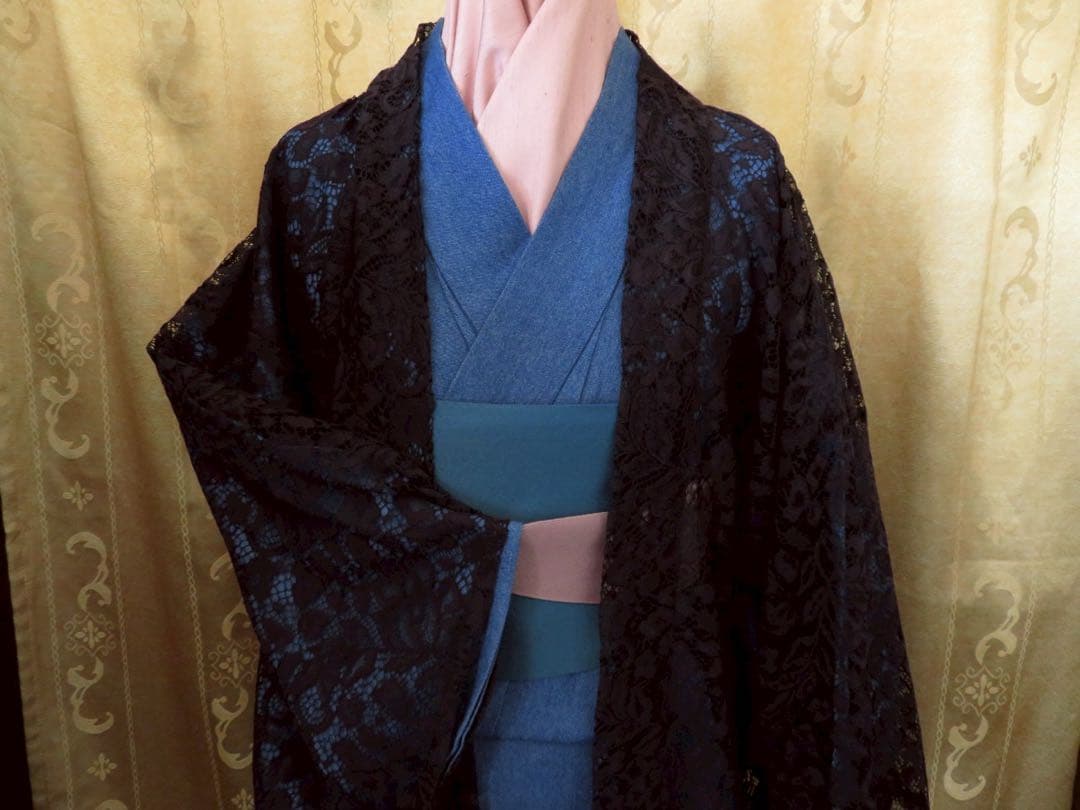 カ*マ様 お値下げしました。日本製レースが美しい黒の長羽織　オートクチュールデザ