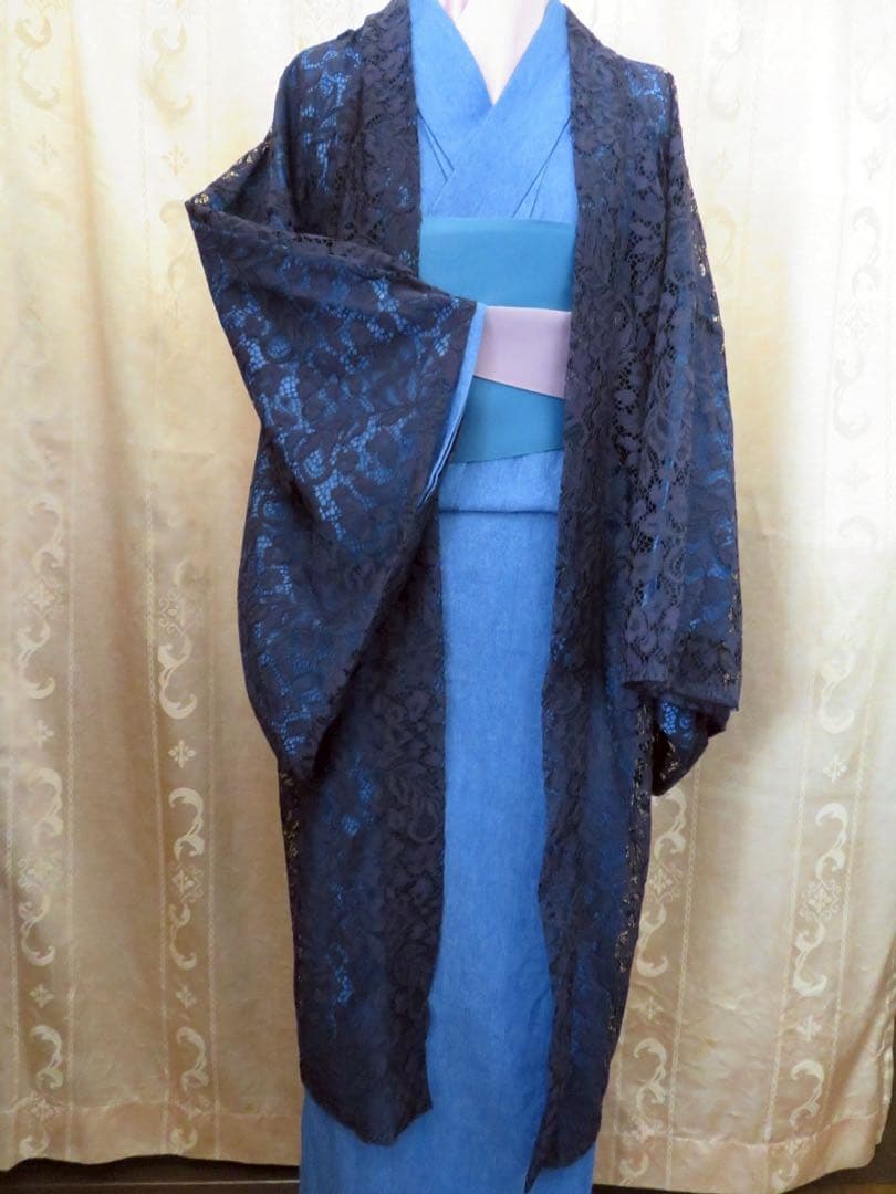 カ*マ様 お値下げしました。日本製レースが美しい黒の長羽織　オートクチュールデザ