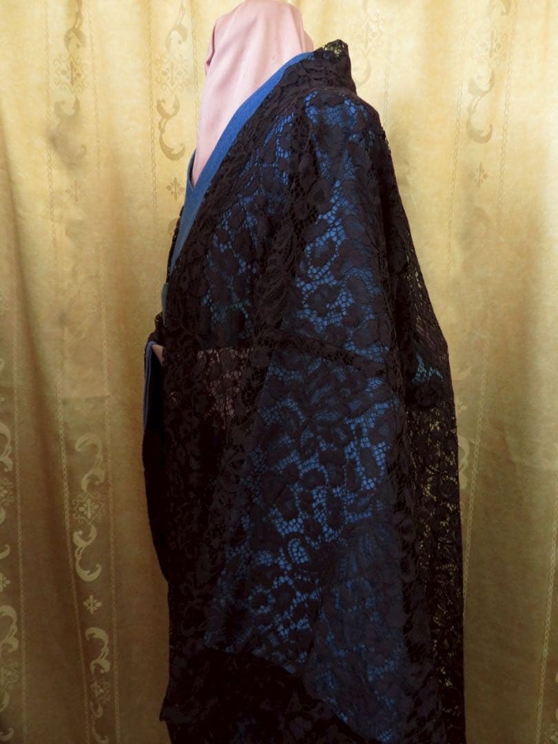カ*マ様 お値下げしました。日本製レースが美しい黒の長羽織　オートクチュールデザ
