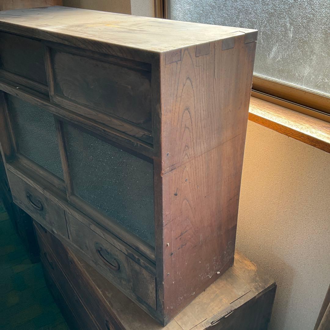 昭和家具　木製ガラス扉付きタンス　12