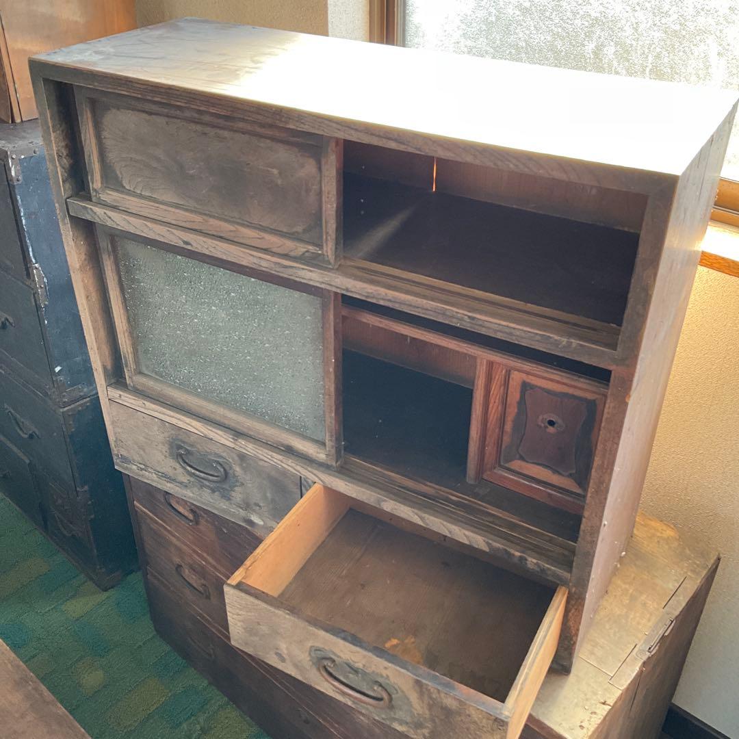 昭和家具　木製ガラス扉付きタンス　12